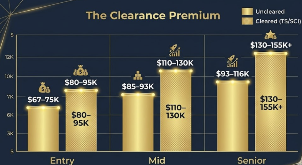Cleared versus uncleared GIS analyst salary comparison showing TS/SCI clearance premium by seniority 